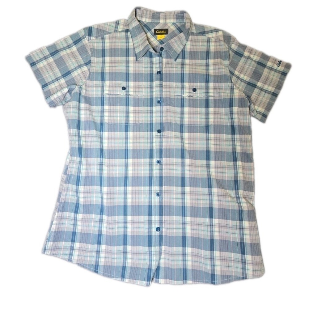 Cabelas Shirt Womens Large L Blue Teal Plaid Short Sleeve Stretch Button Up Hiki